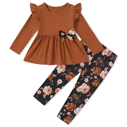 Ropa de manga larga para niña con diseño de volantes y pantalones florales para el otoño