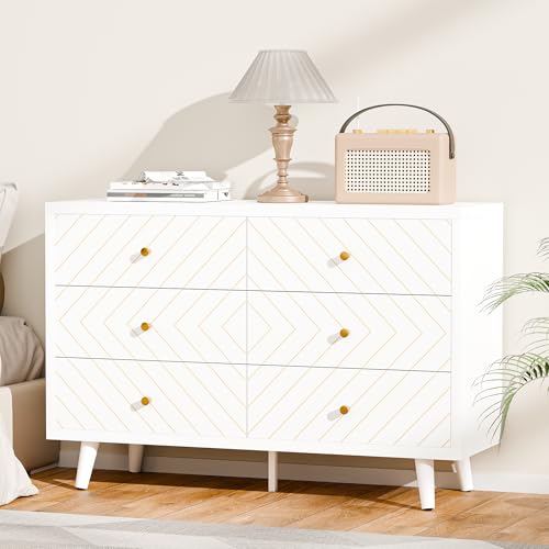 IBXFO 6 Drawer Dresser, 47 Inch Wide Wood Chest of Drawers with Gold Metal Handles, Large Storage Organizer for Bedroom, Living Room, Closet, White
