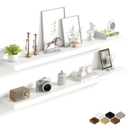 Image of Fun Memories 55Inch Long Floating Shelves, 8 Inch Deep Shelves for Bedroom|Living Room, Wall Mounted Wood Hanging Shelf with Invisible Brackets for Fireplace Mantel Home Storage Decor, White - 2 Pack