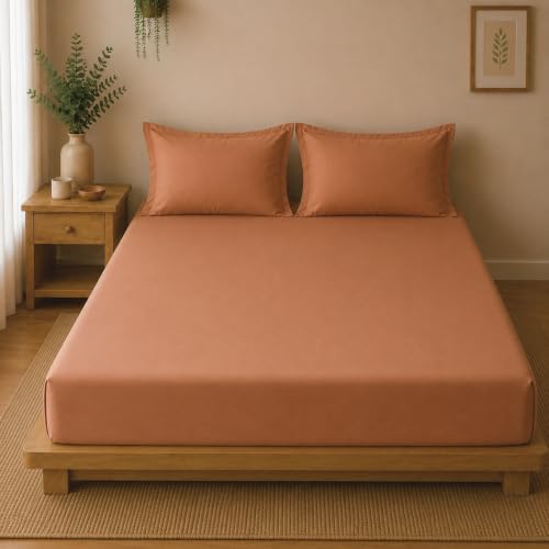 Image of Linen Home Cotton Percale Fitted Bedsheet Set King Size Tera Clay