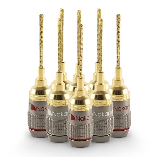 Nakamichi FanLock Excel Series 24k Gold Plated 2mm Flex Pin Banana Plugs 10 AWG - 18 AWG Gauge Size for Spring Clip Terminal Speakers Amplifier Hi-Fi Wire Cable Quick Connector, 8 Pcs (4-Pairs)