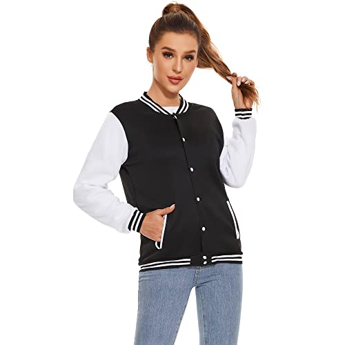 Icibgds Varsity Jacket Women Men's Baseball School Uniform Button Up Unsex Adult Long Sleeve Coat Fashion Jacket (Black,XL,X-Large)