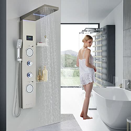 Panel de ducha LED con torre, sistema de agua de lluvia y masaje corporal, acero inoxidable con estante miniatura 1