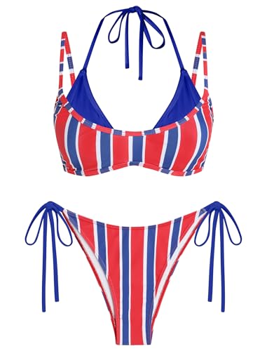 Image of ZAFUL Women's Polka Dot Bikini Set Double Layer Halter Swimsuit Colorblock Side Tie 2 Piece Bathing Suit