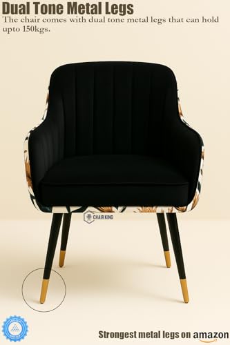 Image of Designer Accent Chair with Floral Printed Back & Footstool | Velvet Lounge Chair for Living Room, Makeup Vanity & Bedroom. (Black Floral Set)