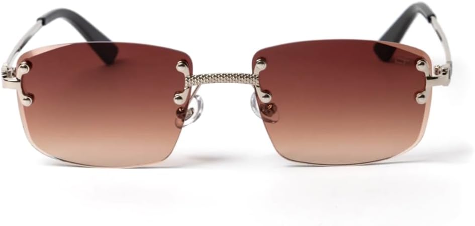 Vintage Retro Rimless Brown Tint Len's Square Unisex Silver Metal Wire Frames Sunglasses Men UV400 Gradient Rectangular Hip Hop Frameless Sun Glasses For Men And Women