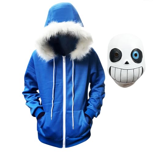 Jilijia Undertale Sans Disfraz de Cosplay con Casco de Látex, Sudadera con Capucha para Hombre Chaqueta con Cremallera Casual de Manga Larga Sudadera con Capucha y Cordón con Bolsillos