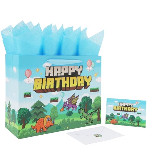 13 Large Pixel Birthday Gift Bag Set with Handles Greeting Card Blue Tissue Papers and Stickers for Boys Kids Teens Men for Birthday Animation Party Boys Party Baby Dinosaur Design 1 Pcs