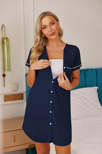 Image of Ekouaer Nightgowns for Women Button Down Night Gowns Short Sleeve Sleep Shirt V Neck Nightshirt Soft Sleepwear Pajams Dress