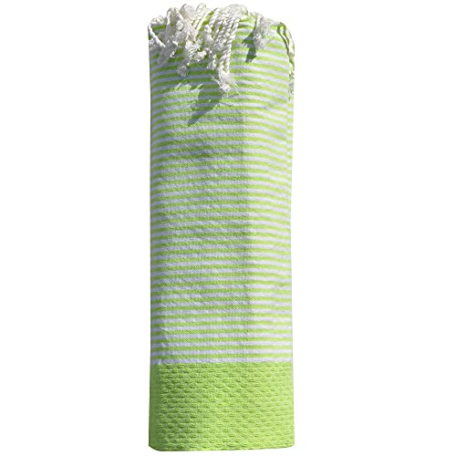 LES POULETTES - Fouta Drap Plage et Hammam Coton Nid d'abeille Petites Rayures Blanches 100 x 200cm - Vert