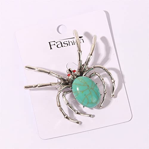 Vintage Turquoise Spider Brooch For Women Girls Unisex Fashion Boho Red Rhinestone Eye Silver Insect Animal Brooches Lapel Pins Halloween Holiday Dress Accessories Jewelry Gift #TOP2