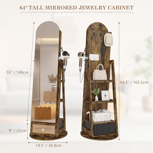LVSOMT 360° Swivel Arched Jewelry Mirror Cabinet, 64\"H Standing Jewelry Armoire with 6 LED Lights, Lockable Jewelry Organizer, Arch Full Length Mirror with Storage, Makeup Shelf, Drawer (Rustic Brown) - Thumbnail 4