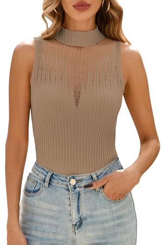 Cakulo Womens Summer Sleeveless Ribbed Tank Tops Sweater Vest 2025 Mock Neck Basic Sheer Knit Top Fitted Shirts
