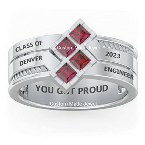Custom class ring for men high school, college, university, academy senior junior graduation ceremony Promise custom personalized gift fully customized for him sterling silver (4 princess stone)- Custom Made Jewel