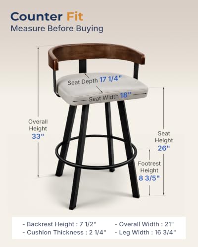 Image of FORSPARK 26 inch Swivel Counter Height Bar Stools, 350 lbs Capacity Barstool | 360 Rotation, Easy to Assemble, Wide Foam Cushion, Solid Wood Backrest, Heavy Weight for Kitchen Dining Cafe, Grey & Black