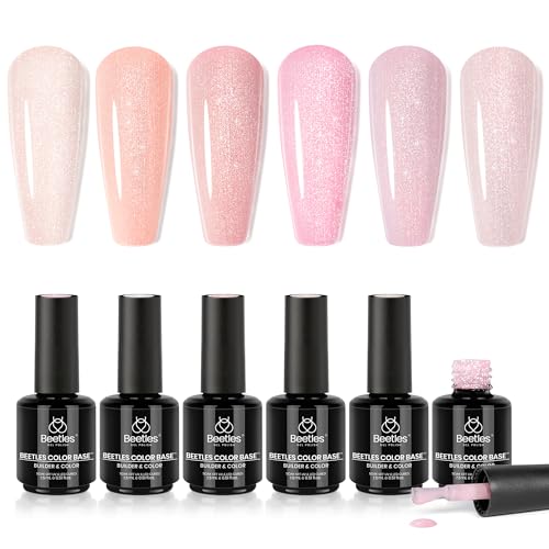 Gelab cosmetics LLC Beetles Rubber Base Gel Set 6 Colors 15ml, Milky White Gel for Cloud Ombre Nails, 5 in 1 Builder Base Coat, Self Leveling Strengthening Nail Repair, UV LED Soak Off for Weak Nails
