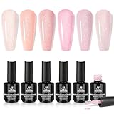 Beetles Base Color Gel Nail Polish Set – 6 Colors Nude Gel Polish, 5 in 1 Builder Rubber Base Coat, Self Leveling Soak Off U V LED Lamp Cure Strengthening for Natural Nails and French Manicure