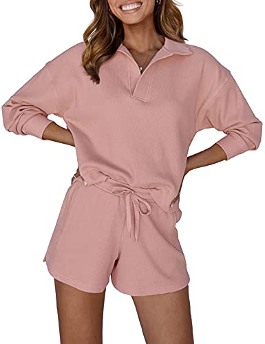 Merokeety Women's 2 Piece Waffle Knit Lounge Sets Long Sleeve Shorts Jogger Outfits Pjs Pink #TOP6