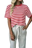 Allimy Women's Short Sleeve Sweater Tops Color Block Striped Blouse Casual Fashion Clothing Business Casual Tops for Women Plus Size Summer Travel Outfits Red and White Large