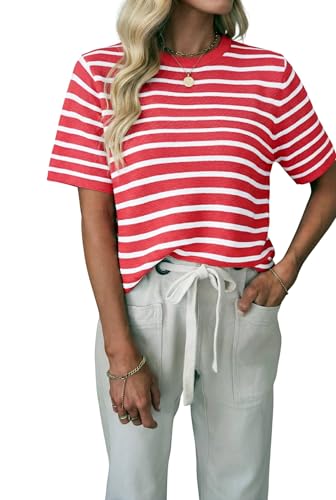 Allimy Women's Short Sleeve Sweater Tops Color Block Striped Blouse Casual Fashion Clothing Business Casual Tops for Women Plus Size Summer Travel Outfits Red and White Large