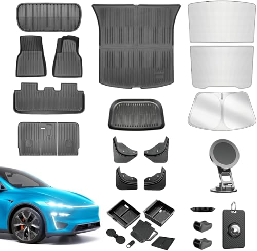 [26-in-1] Ultimate Starter Accessories Kit for Tesla Model Y Juniper 2025 2026Full Interior & Exterior Protection (Floor Mats Organizer Mud Flaps Roof Sunshade Windshield)