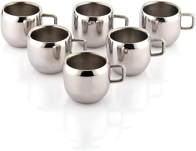 Stainless Steel Tea Cup | Espresso Cups | Chai Coffee Cup | Metal Espresso Cup | Mini Tea Cup | Water Cup For Home or Office- Double Wall (Small Size) | (50 ml Each) | (Set of 6)