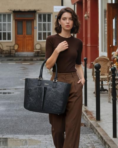 Image of Laptop Tote Bag for Women, Leather Work Tote with Padded Laptop Compartment, Cup Holder, Office Computer Briefcase