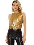 Allegra K Metallic Tank Top for Women's Sleeveless Club Party Shiny Shirt Large Light Gold