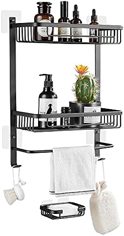Gricol Shower Shelf No Drilling Space Aluminum Wall Mounted Rectangle Storage Organiser with Stickers Adhesive Shower Caddy Basket with Soap Sponge Holder for Bathroom Kitchen 2 Level Black