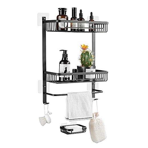 Gricol Estante de Ducha Sin Taladrar en Aluminio Aeronautico Rectangular Estanteria Baño Autoadhesivas Antioxidantes con Jabonera Organizador de Esponja para Baño Cocina 2 Piezas (Negro)