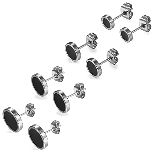 Flongo Ohrstecker Knopf, 6~12mm Edelstahl Ohrstecker Rund Gestüt Stecker Ohrringe Ohrhänger Fake Tunnel Fake Plug Illusion Fakeplugs Schwarz Silber Elegant Herren, Damen Ohrschmuck (4 Paar)