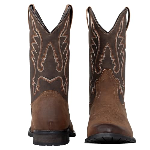 J's.o.l.e Western Cowboy Boots for Men Round Toe Wide Mid Calf Classic Retro Embroidered 2-Tone Brown Boot2