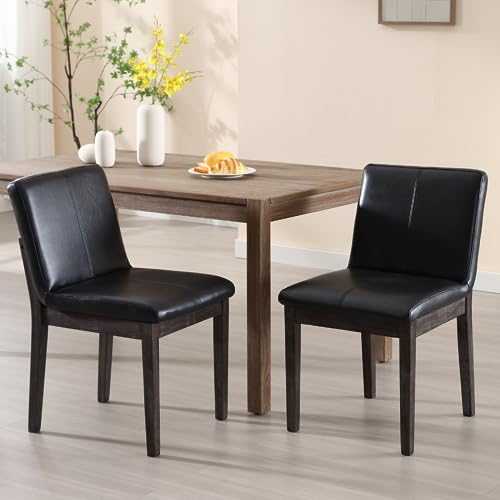 Farmhouse Wooden Dining Chairs with Rectangular Backrest, Mid Century Linen Fabric Upholstered Dining Room Side Chairs Set of 2 for Kitchen Island/Living Room/Restaurant, Beige