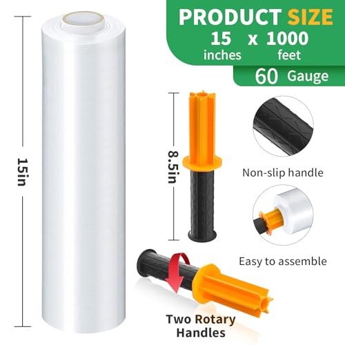 Stretch Film, HERKKA Stretch Wrap with Handles Industrial Strength, Moving Wrapping Plastic Roll, Shrink Wrap for Pallet Wrap, 15" x 1000 Feet, 4 Pack, 60 Gauge by HERKKA - Image 2