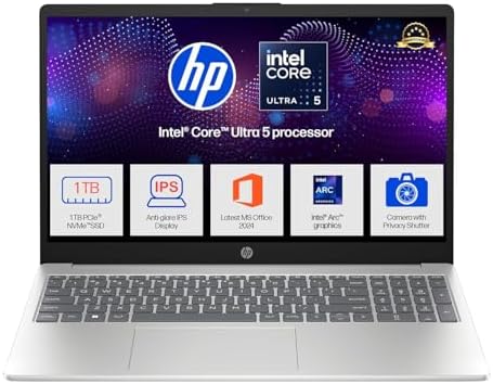 HP 15, Intel Core Ultra 5 125H (16GB DDR5, 1TB SSD) FHD, IPS, 15.6”/39.6cm, Win11, M365 Basic(1yr)*Office24, Silver, 1.65kg, fd1354TU, Intel Arc Graphics, FHD Camera w/Shutter, AI Powered Laptop
