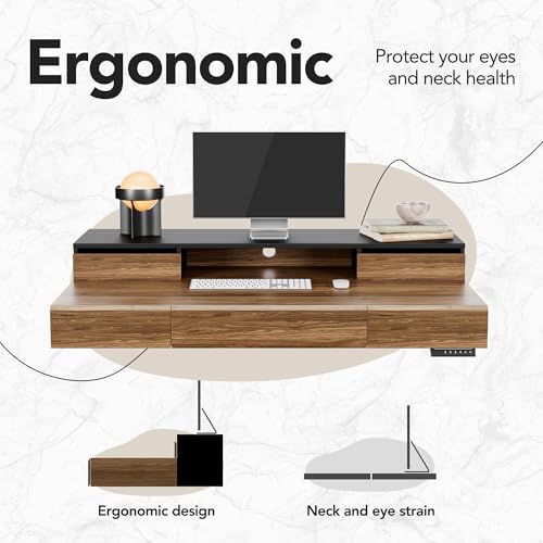 Image of HUANUO Standing Desk with Drawers, 48 Inches Electric Height Adjustable Desk with Storage, Whole-Piece Board Sit Stand Up Desk with Monitor Shelf, Black Walnut