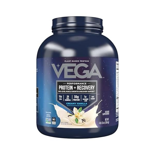 Vega Sport Vegan Protein Powder + Recovery – 30g Plant Based Protein per Serving, Vanilla, 45 Servings, 5g BCAAs, Probiotics, NSF Certified, for Shakes & Smoothies, 4.1lbs (Packaging May Vary)