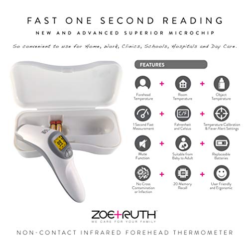 Zoe+Ruth Non Contact Forehead Thermometer For Adults, Kids And Baby, No Touch Digital Infrared Fever Alert. Instant Read. Protective Plastic Case Included. #TOP4