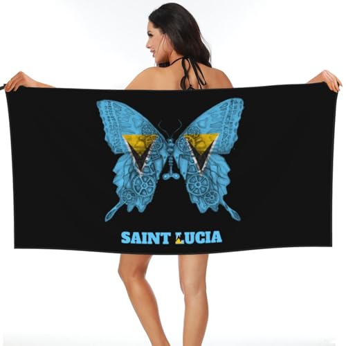 Vintage Butterfly Saint Lucia St. Lucian Flag Beach Towel Quicker Dry Bath Towels Absorbent Ultra Soft Travel Bathroom Washcloths for Sport Yoga Gym 31.5"x63"