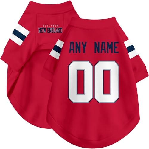 Image of New England Dog Clothes Jersey Style Personalized Pet T Shirt with Custom Name Number for Small Medium Large Dogs