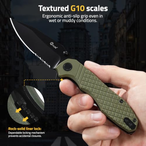 CVLIFE Folding Serrated Pocket Knife, 3.26" 14C28N Steel Blade, OD Green - image 3