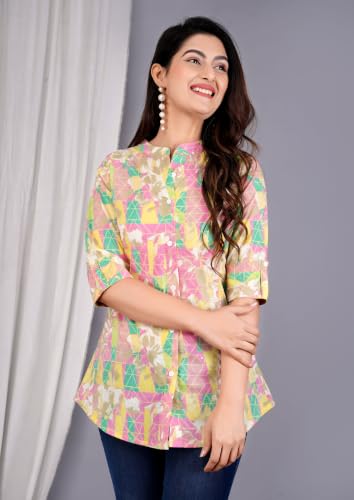 Image of Women's Rayon Floral Printed Short Kurti | Regular Fit | Mandarin Collar | Casual Wear for Office, College