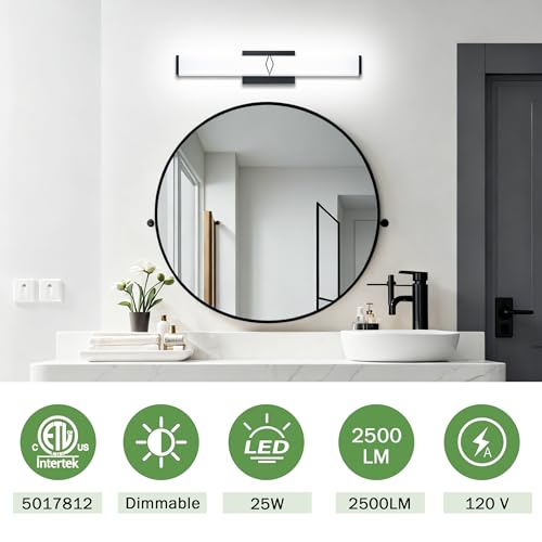 Image of 24 Inch Bathroom Vanity Light 2500LM, 5700K Daylight White Modern Bathroom Light Dimmable, AC 120V 25W Matte Black LED Vanity Lighting Fixtures Wall Sconce ETL Certified, 1Pack