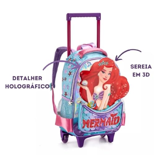 Kit Escolar Mochila Rodinhas Lancheira Estojo Sereia Ruiva cor:Verde