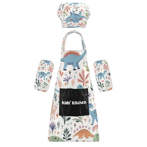 Bulletgxll Cute Dinosaur Kids Apron and Chef Hat Set Adjustable Bib Aprons with Pockets for Cooking Baking Painting