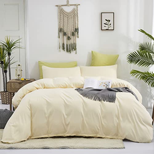 Image of KAREVER Light Yellow Comforter Set King Off White Bedding Set Men Beige Breathable Ivory Bedding Set Women Soft Off White King Ivory Bedding Comforter Set