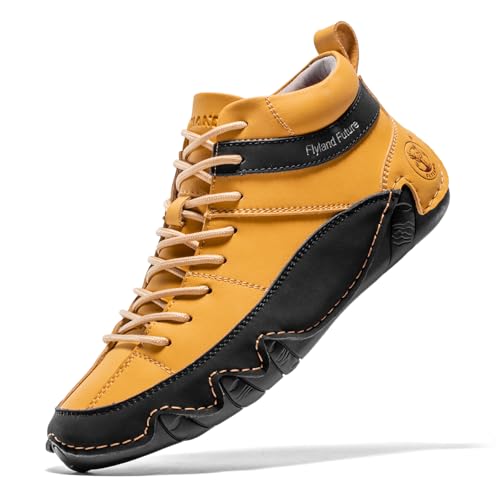 FLYLAND Men's Casual Leather Sneakers Fashion Chukka Boots Lightweight Dress Boots Lace Up Walking Driving Shoes Golden 9.5