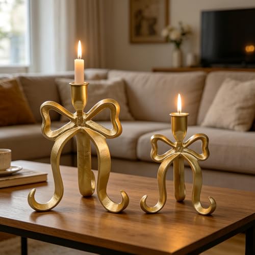 Nacidooka Gold Bow Taper Candle Holders Set of 2 Vintage Cast Iron Heavy Duty Candlestick Holders for Mantle Wedding Dining Table Centerpiece Housewarming Gift