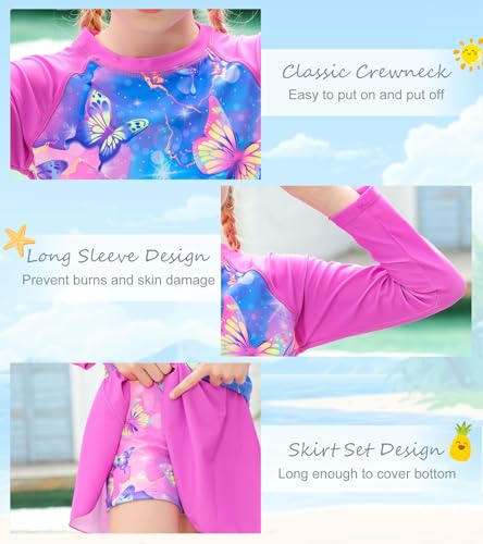 Image of Idgreatim Girls Swimsuit Rash Guard Set Long Sleeve Two Piece Bathing Suit 3-10 Years