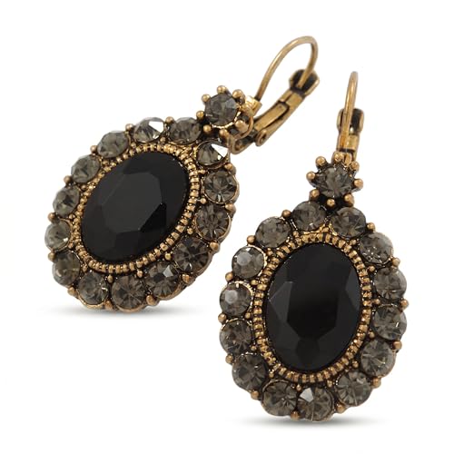 Image of 40mm L/Oval Black/Grey Crystal Drop Earrings with Leverback Closure/Antique Gold Tone